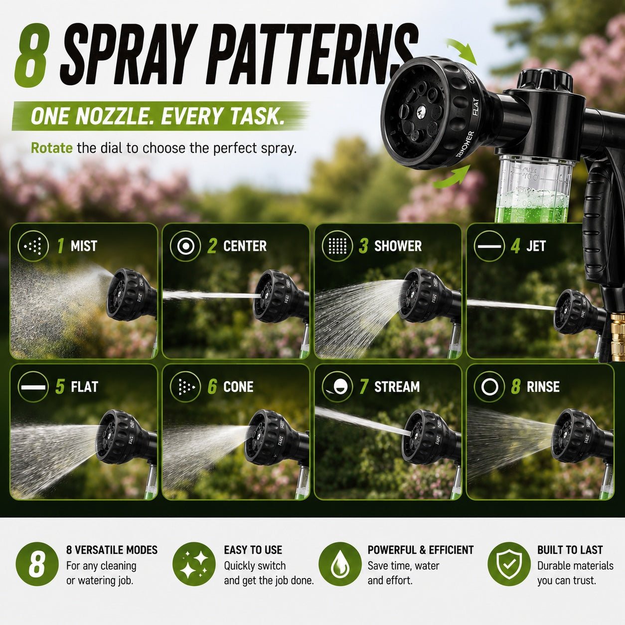 8-Pattern Garden Hose Nozzle with Built-In Soap Dispenser
