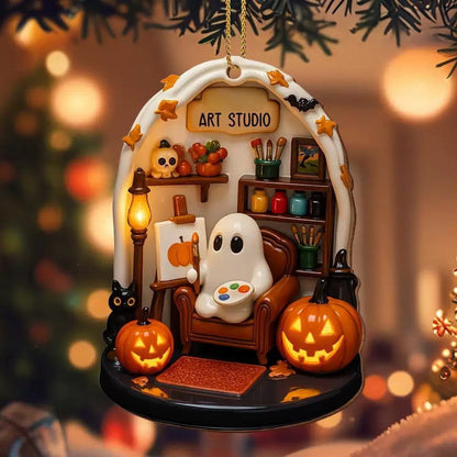 Halloween Reading Nook Wooden Ornament – Cozy Book Lover Gift