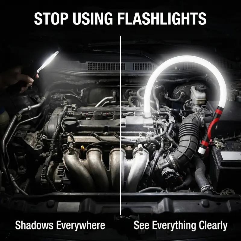 Flexible LED work light illuminating a vehicle engine bay