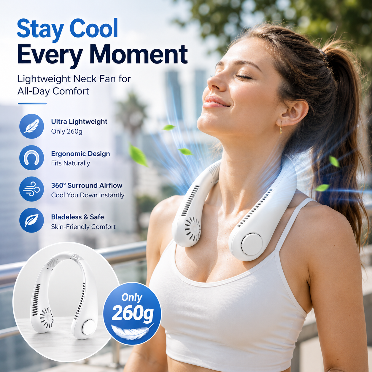 ❄️ Bladeless Neck Fan – Hands-Free Turbo Cooling with LED Display