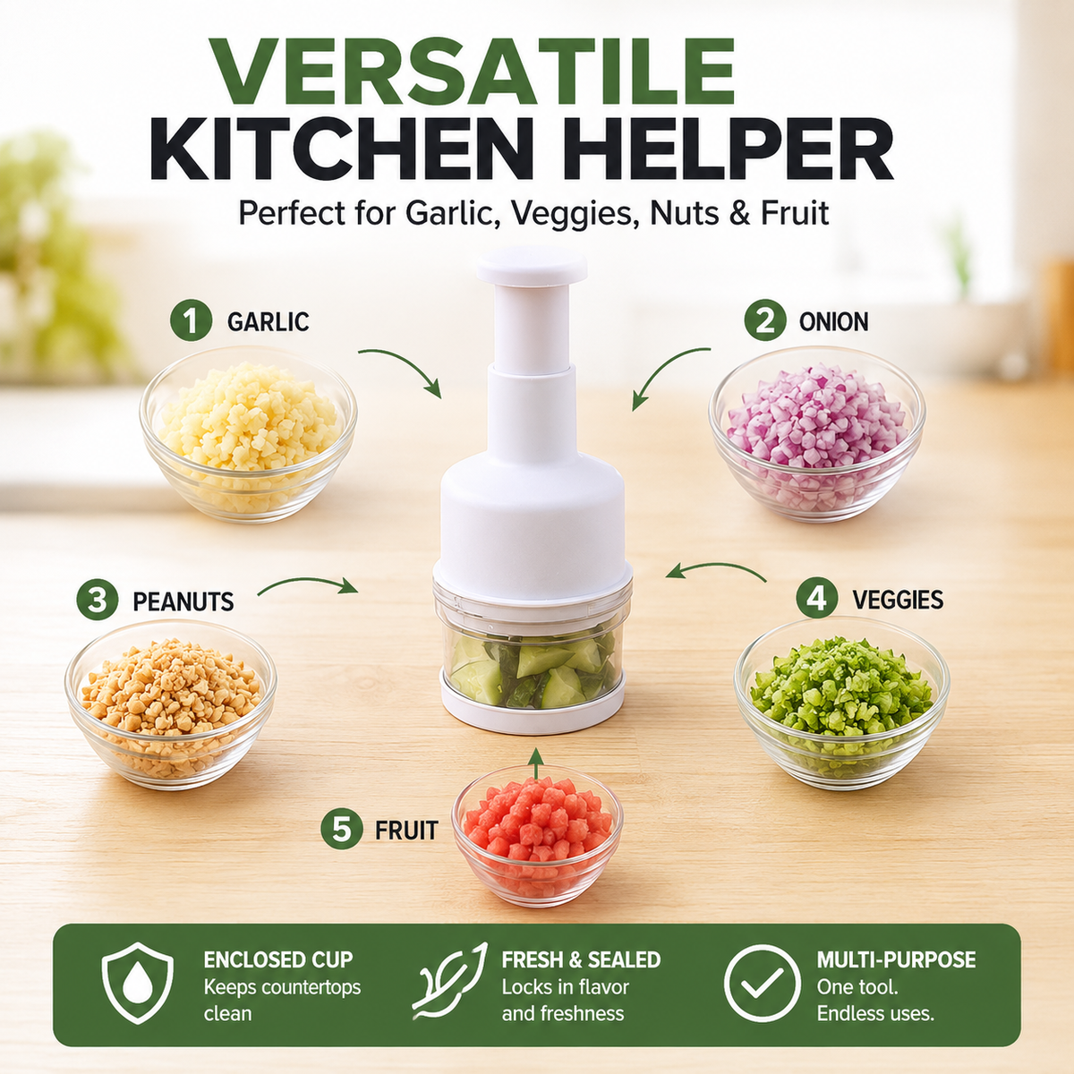 10-Second Quick-Prep Vegetable Chopper – Easy Press Food & Garlic Slicer