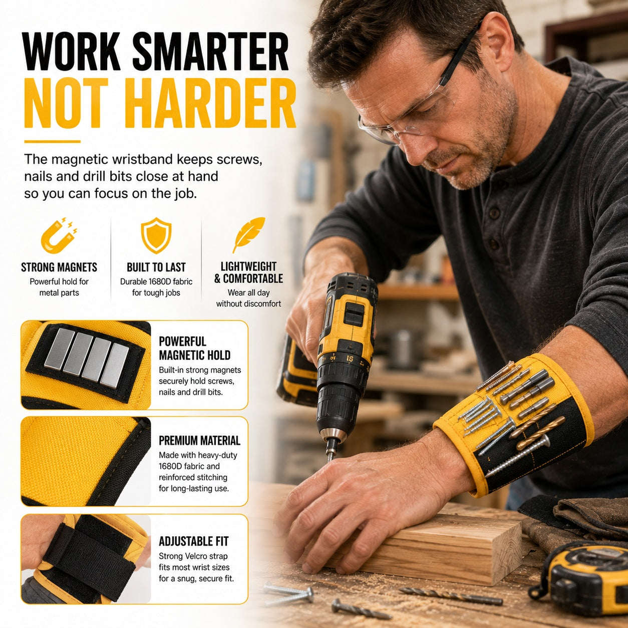 Magnetic Wristband with 9 Strong Magnets | Hands-Free Tool Holder for DIY & Woodworking