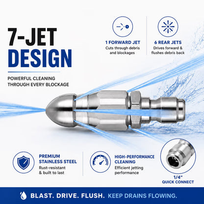 Stainless Steel Sewer Jetter Nozzle – 1/4' Quick Connect Drain Cleaning Attachment for Pressure Washers