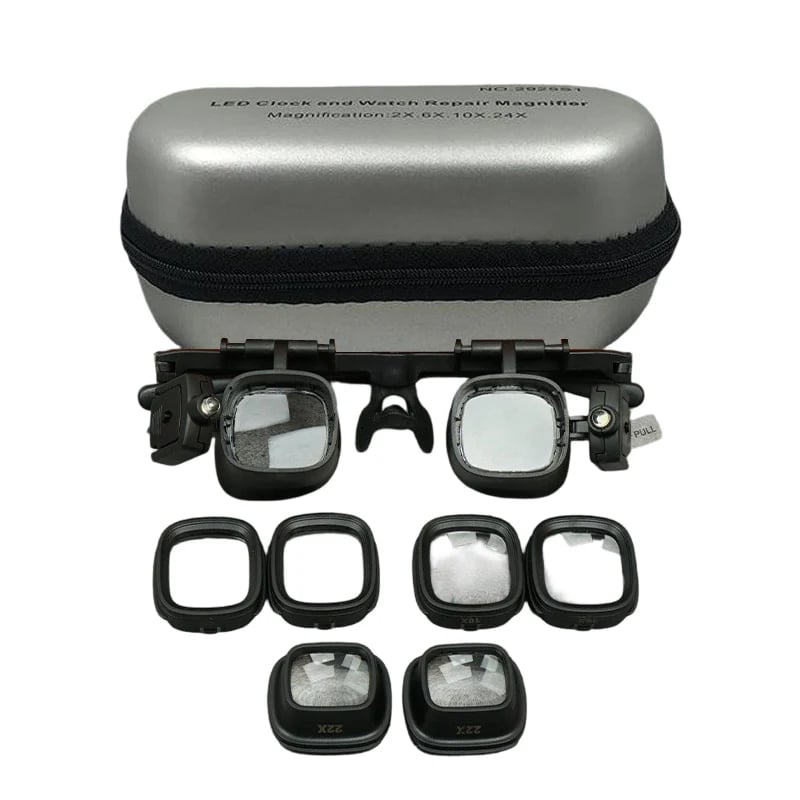 LED magnifier glasses set with interchangeable magnifying lenses and storage case