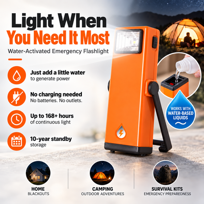 💧🔦 Water-Activated Emergency Flashlight | 168+ Hours of LED Light, No Charging Needed – Camping, Blackout & Survival Essential ⚡
