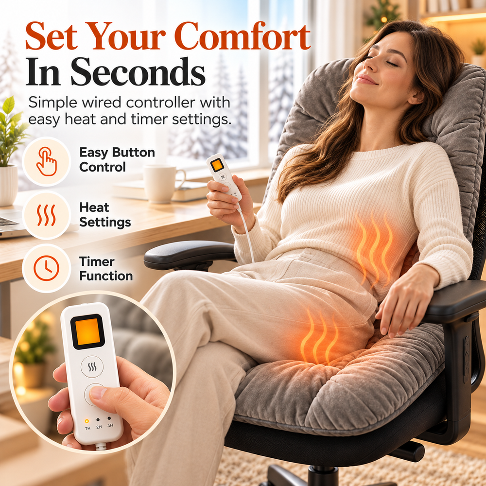Woman using the wired controller while sitting on the plush heated office chair cushion