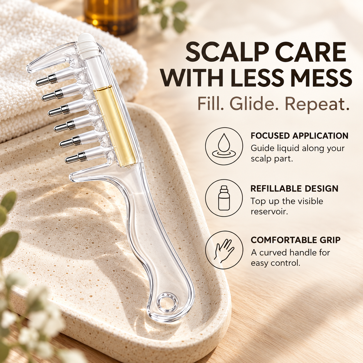 Refillable transparent scalp applicator comb with liquid reservoir and rounded metal tips