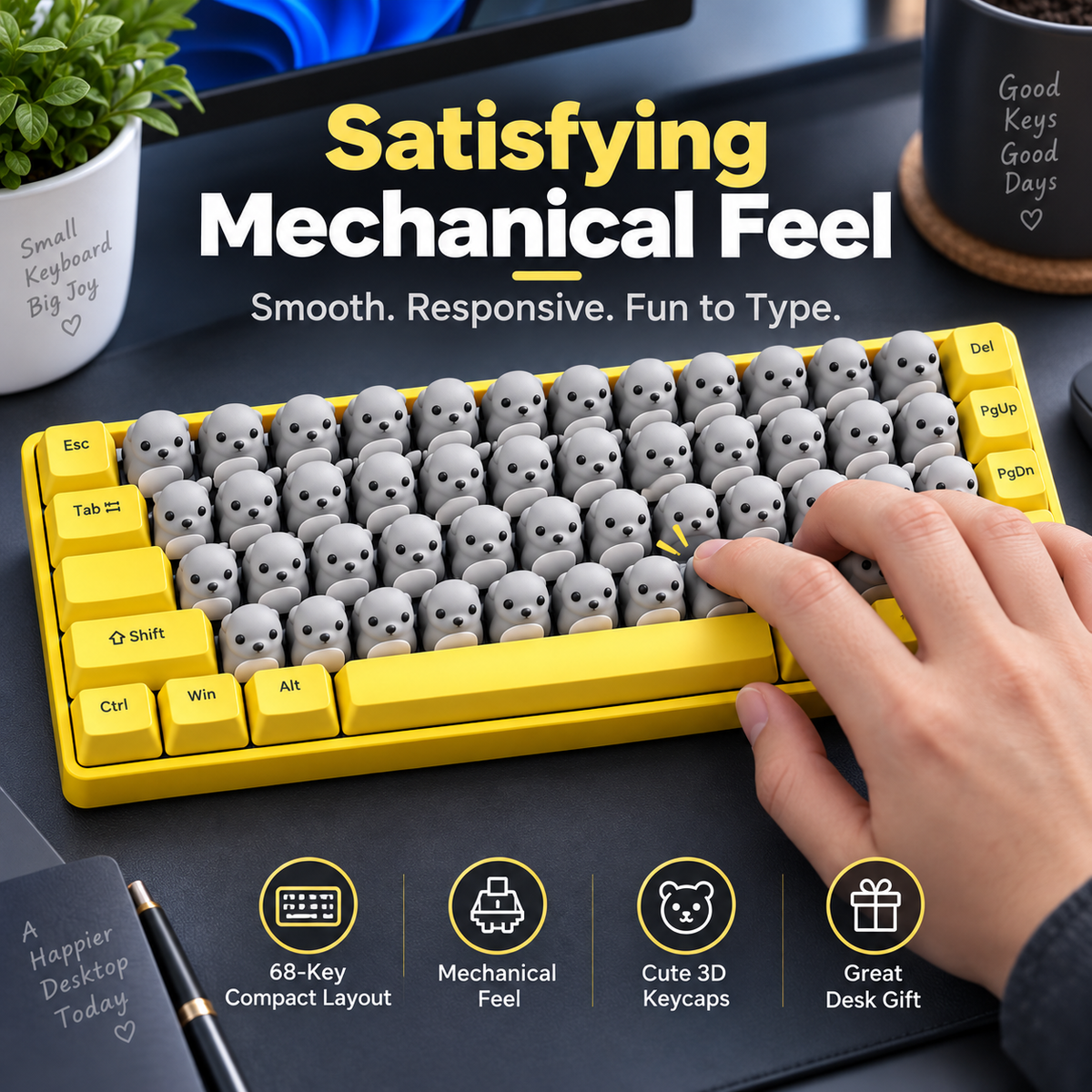 ⌨️68-Key 3D Animal Mechanical Keyboard – Pink Pig & Gray Critter