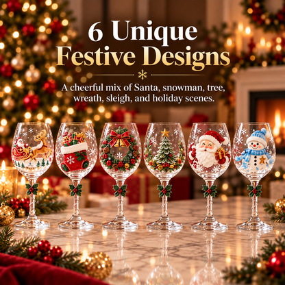 🎄🍷✨ 6-Piece Christmas Wine Glass Set 🎅❄️🎁 Festive Holiday Designs, Decorative Twisted Stems & Elegant Gift Box ❤️🥂🌟