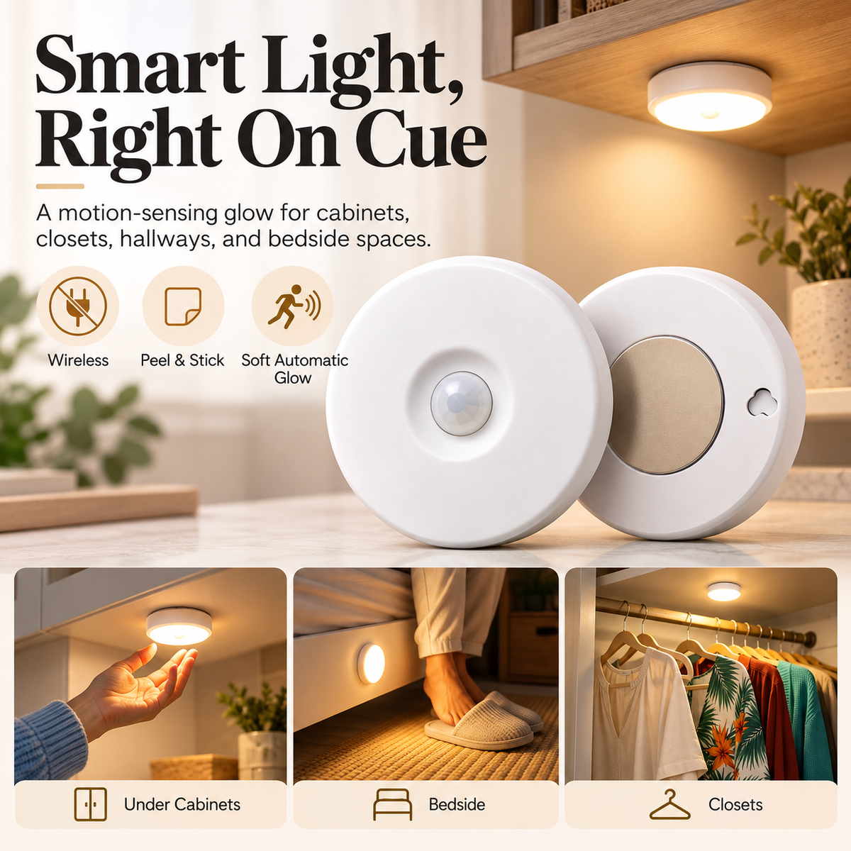 💡✨ Smart Motion Sensor LED Night Lights – Wireless Peel & Stick Automatic Lighting, 2-Pack