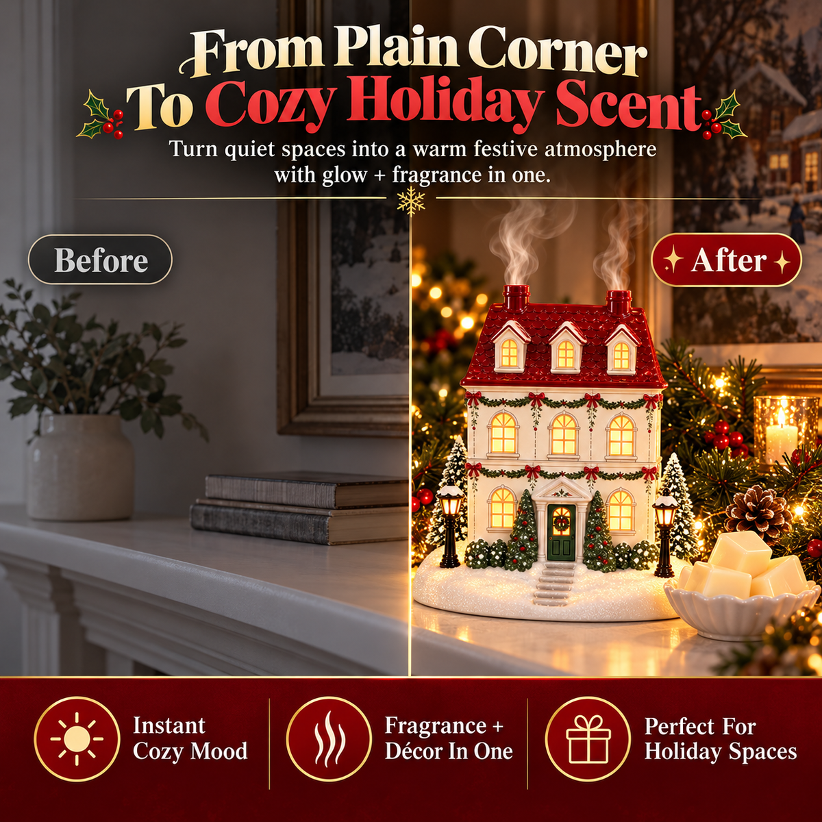 Before and after visual showing an ordinary undecorated corner transformed with an illuminated Christmas aroma cottage and festive decorations