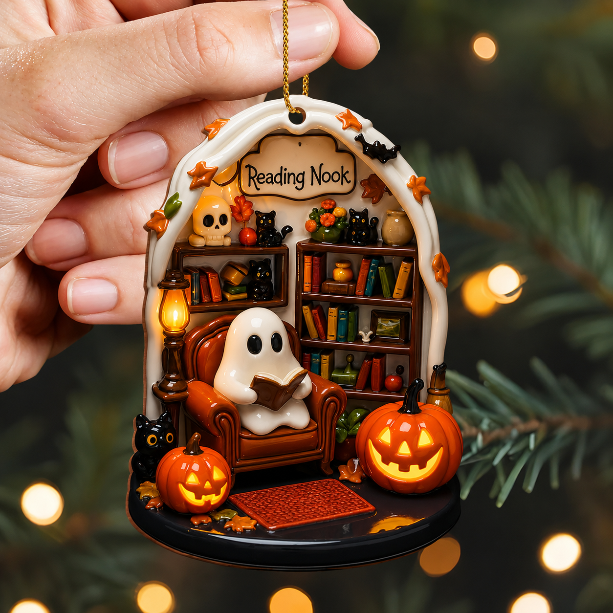 Halloween Reading Nook Wooden Ornament – Cozy Book Lover Gift