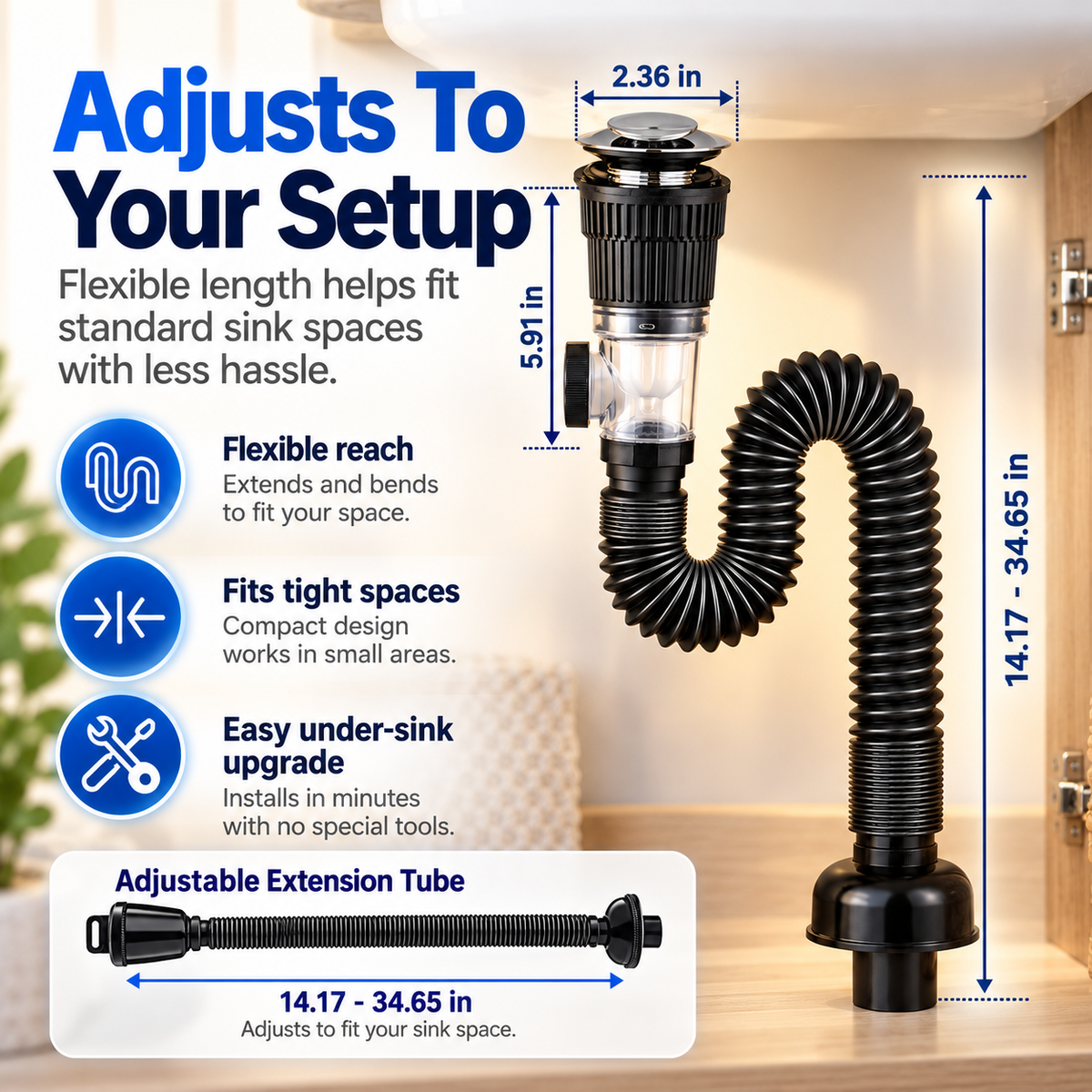 Flexible sink drain kit dimensions showing 14.17 to 34.65 inch adjustable extension