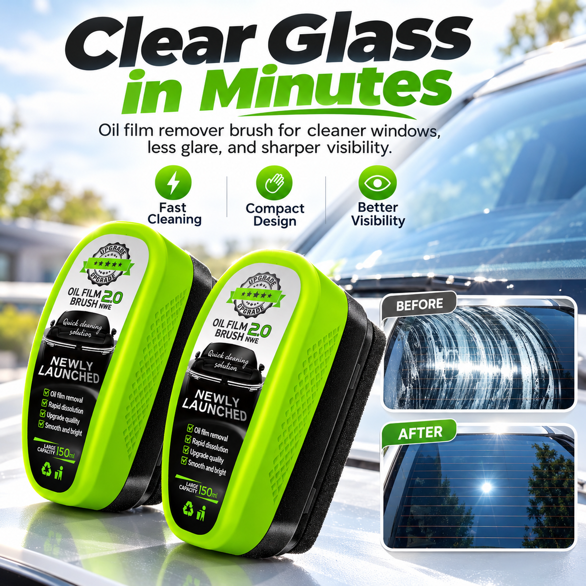 🚗✨ 2.0 Upgraded Car Glass Oil Film Remover Brush 🧽💦 | Quick & Easy Windshield Cleaning 🌧️🪟 | Remove Grease, Grime & Haze 🌟 Clearer Vision for Safer Driving 🚘💚