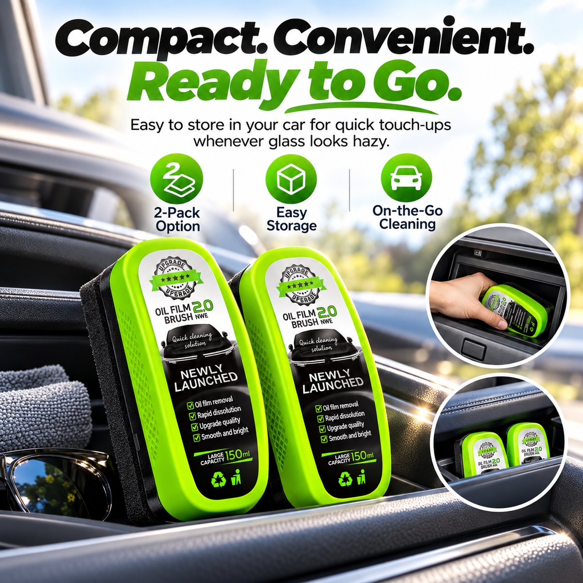 Two compact 150mL car glass oil film remover brushes stored inside vehicle