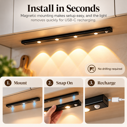 💡✨ Smart LED Motion Sensor Under Cabinet Lights 🚶‍♂️ | 🌈 3 Color Temperatures & 3 Lighting Modes | 🧲 Magnetic Installation 🔋 USB-C Rechargeable | 🏡 Wireless Kitchen, Closet & Home Lighting | 📏 40/50/60cm