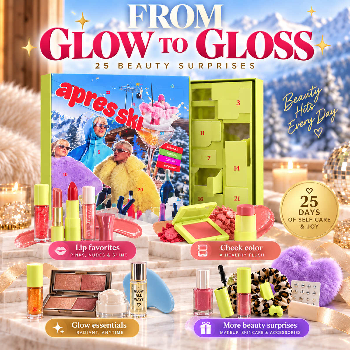 Beauty advent calendar with lip cheek glow skincare and accessory surprises