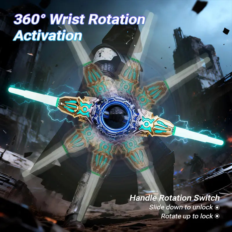 Central rotating handle showing spinning movement of the dual blade light sword
