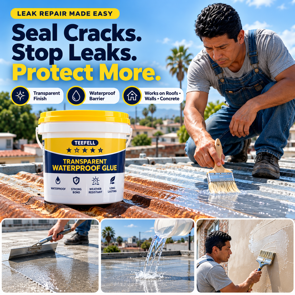 Brush on waterproof coating being used across roofing concrete and exterior wall repair areas