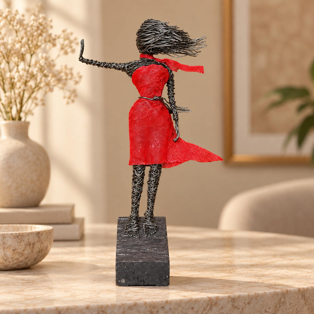 Handmade Wire Art Sculptures – Expressive Red-Accent Figurines for Home & Office