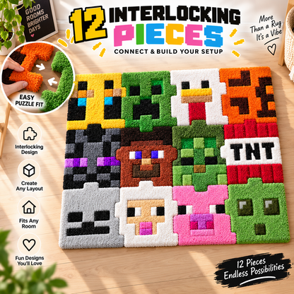 🎮 12-Piece Interlocking Pixel Tufted Rug Set – Build Your Own Gamer Room Floor