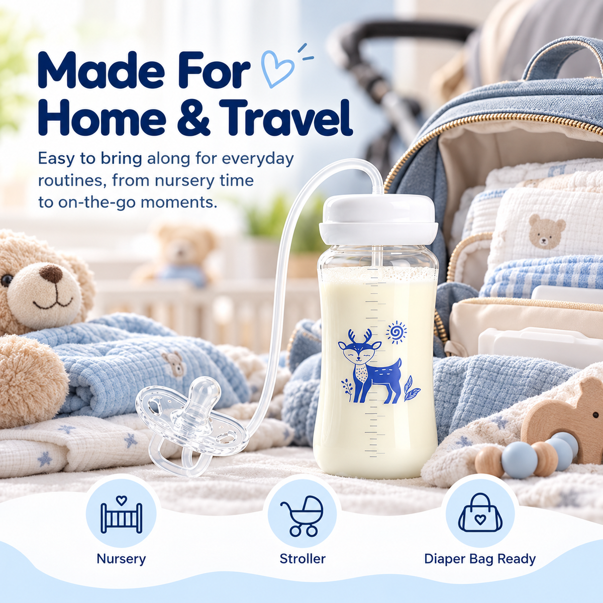 🍼💙✨ Cute Deer Baby Feeding Bottle & Connected Pacifier Set 🦌👶💕 Flexible Tube Design, Clear Milk Bottle, Baby Feeding Essential 🎀🍼 (Blue & Pink) ✨💗