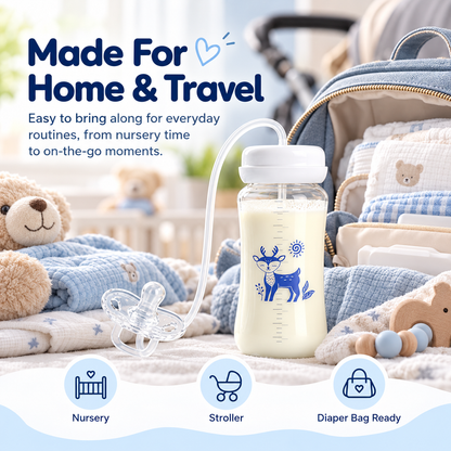 🍼💙✨ Cute Deer Baby Feeding Bottle & Connected Pacifier Set 🦌👶💕 Flexible Tube Design, Clear Milk Bottle, Baby Feeding Essential 🎀🍼 (Blue & Pink) ✨💗