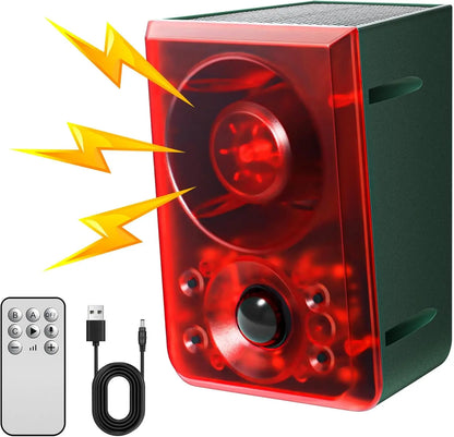 Solar motion activated outdoor wildlife deterrent alarm with remote and USB cable