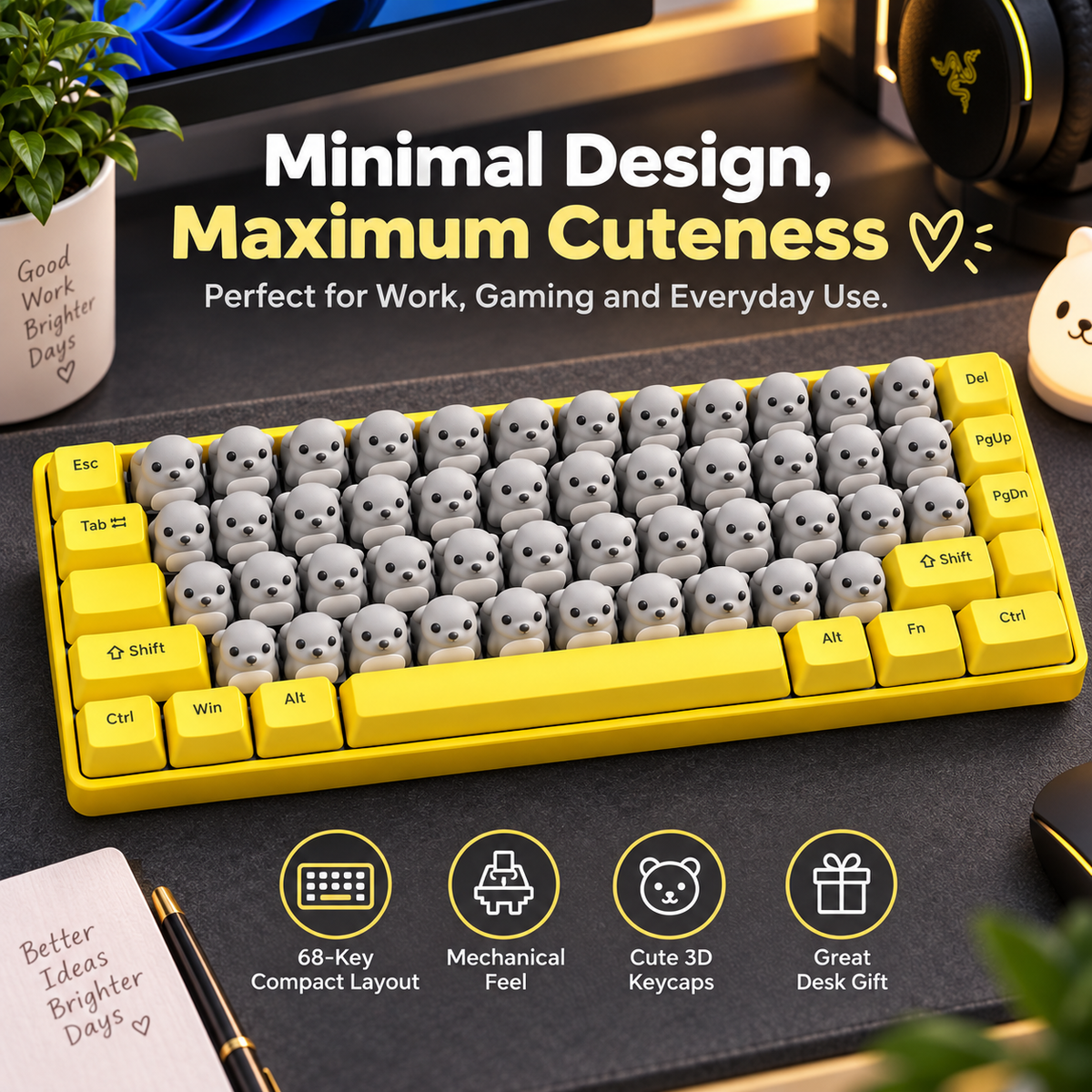 ⌨️68-Key 3D Animal Mechanical Keyboard – Pink Pig & Gray Critter