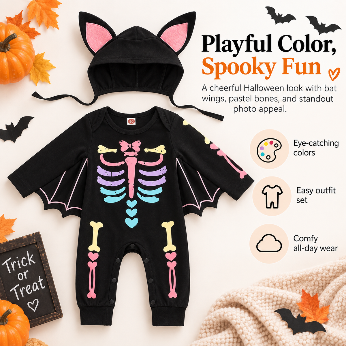 🦇 Baby Halloween Bat Wing Romper – Hooded One-Piece Costume, 5 Spooky-Cute Styles