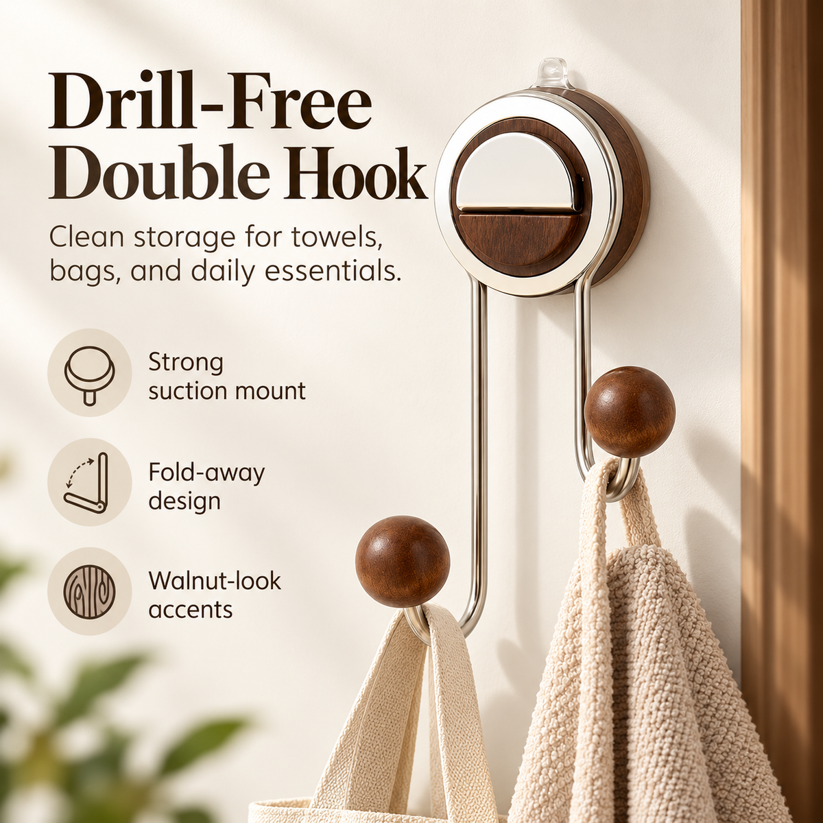 ✨ Drill-Free Foldable Double Hook – Suction Wall Organizer with Walnut-Look Accents