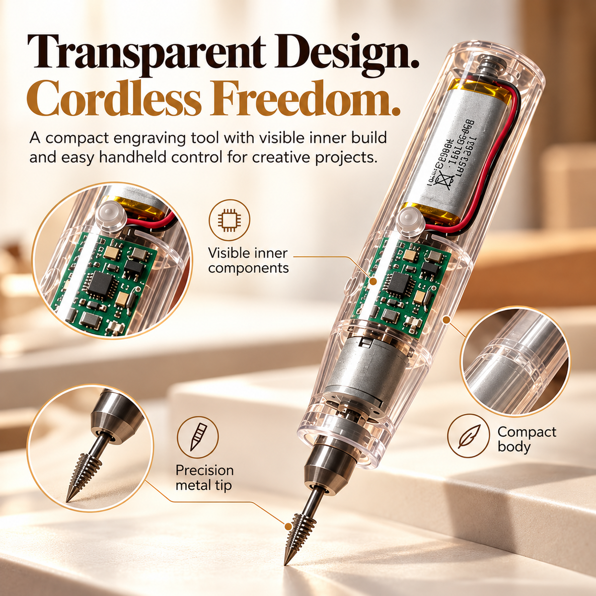 🔧Cordless Precision Wood Engraving Pen – Compact Transparent DIY Carving Tool