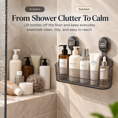 🚿✨ No-Drill Suction Cup Organizer Basket 🧴💧 Wall-Mounted Bathroom & Kitchen Storage Rack 🏡🫧 Space-Saving Shower Shelf for Everyday Essentials 🌟