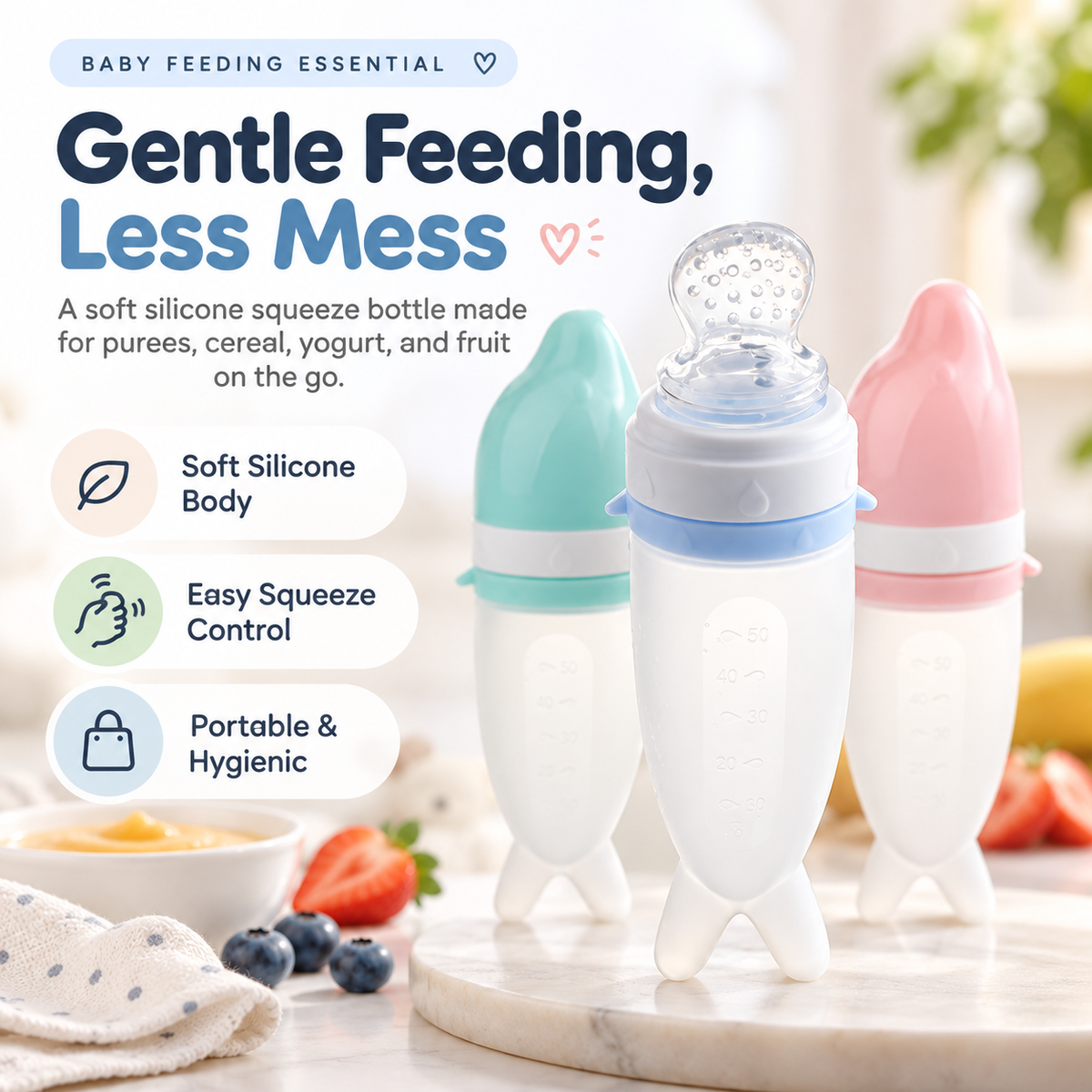 Soft squeeze baby food feeder in three colors for purees and soft foods
