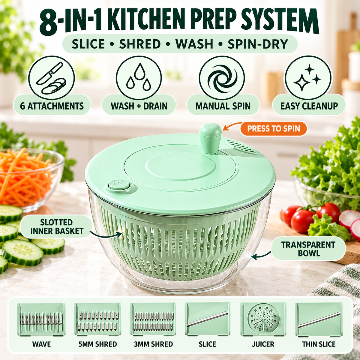 🌀8-in-1 Manual Vegetable Slicer & Salad Spinner – 6-Blade Kitchen Prep Set🥗