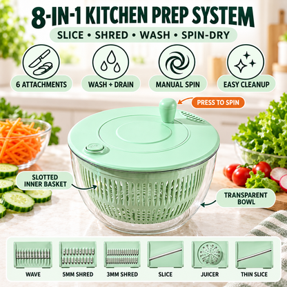 🌀8-in-1 Manual Vegetable Slicer & Salad Spinner – 6-Blade Kitchen Prep Set🥗
