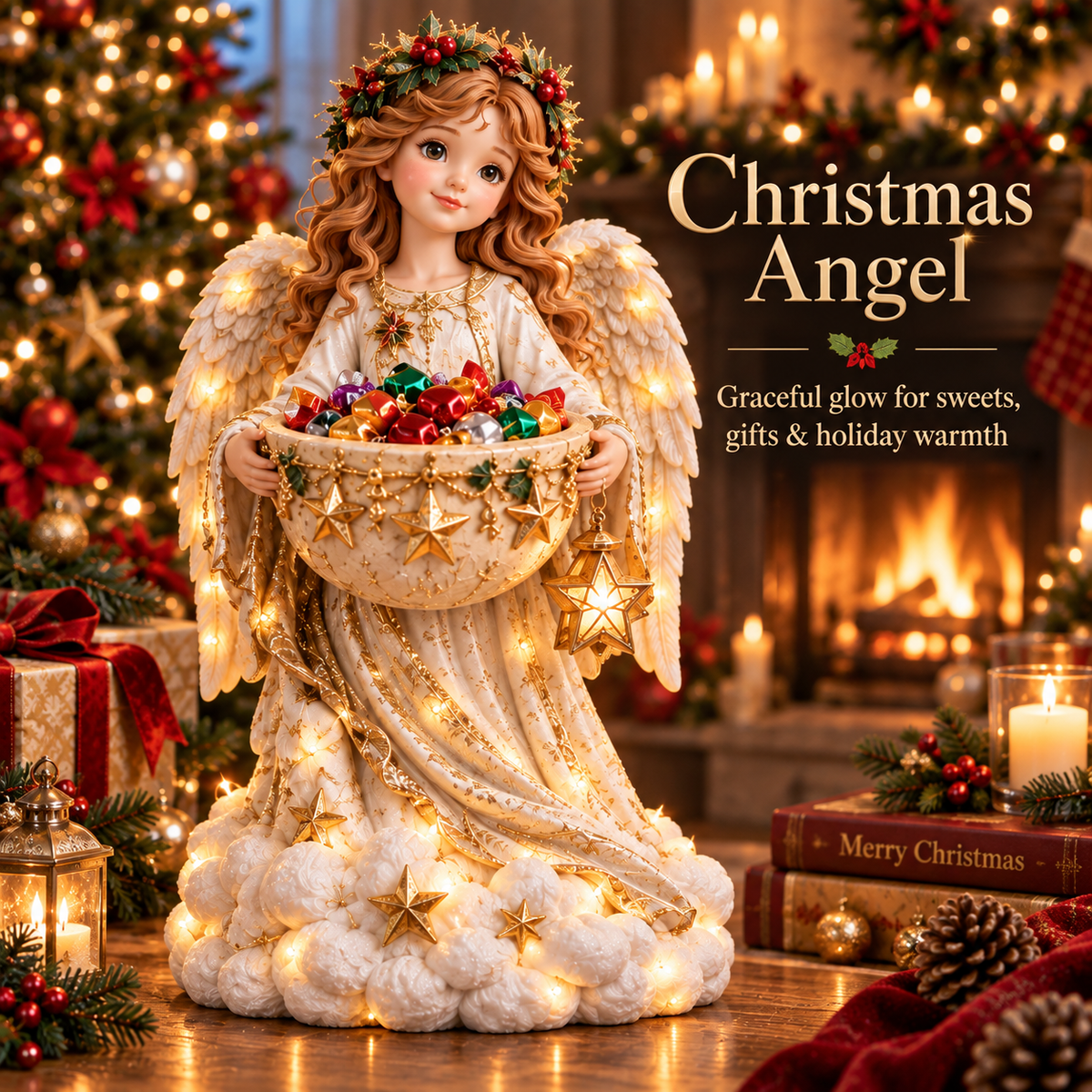 Christmas Angel Blessing lighted holiday candy bowl