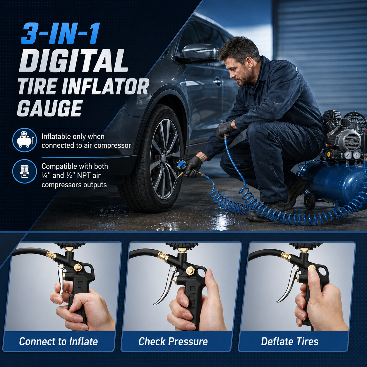 Digital Tire Pressure Gauge with Inflator – 250 PSI