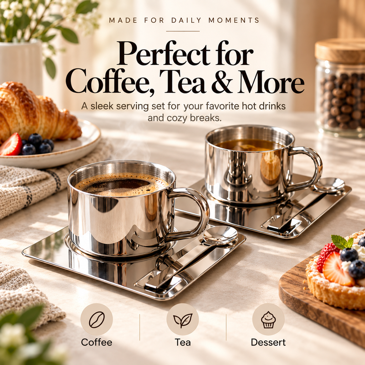Stainless steel cups served with coffee tea and dessert