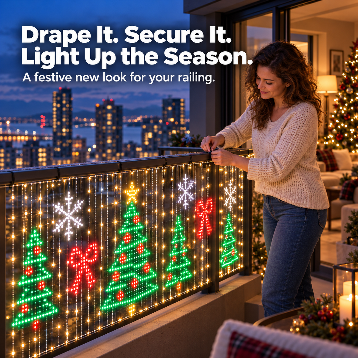 Installing animated Christmas pixel curtain lights on a railing