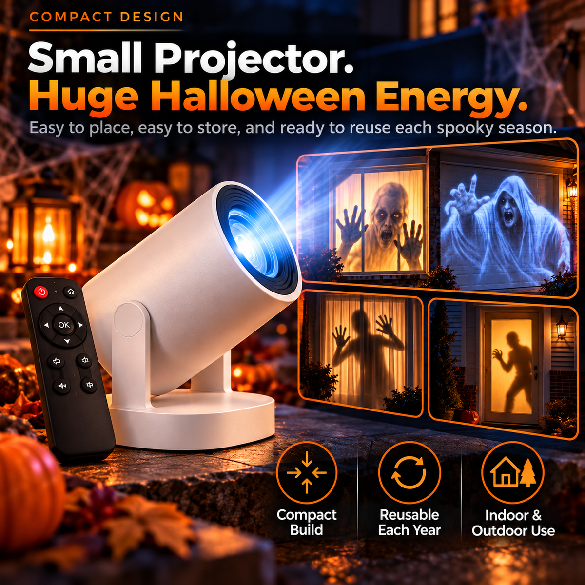 😨Halloween Haunted House Projection Lamp with Remote – Animated Window, Wall & Garage Scare Projector