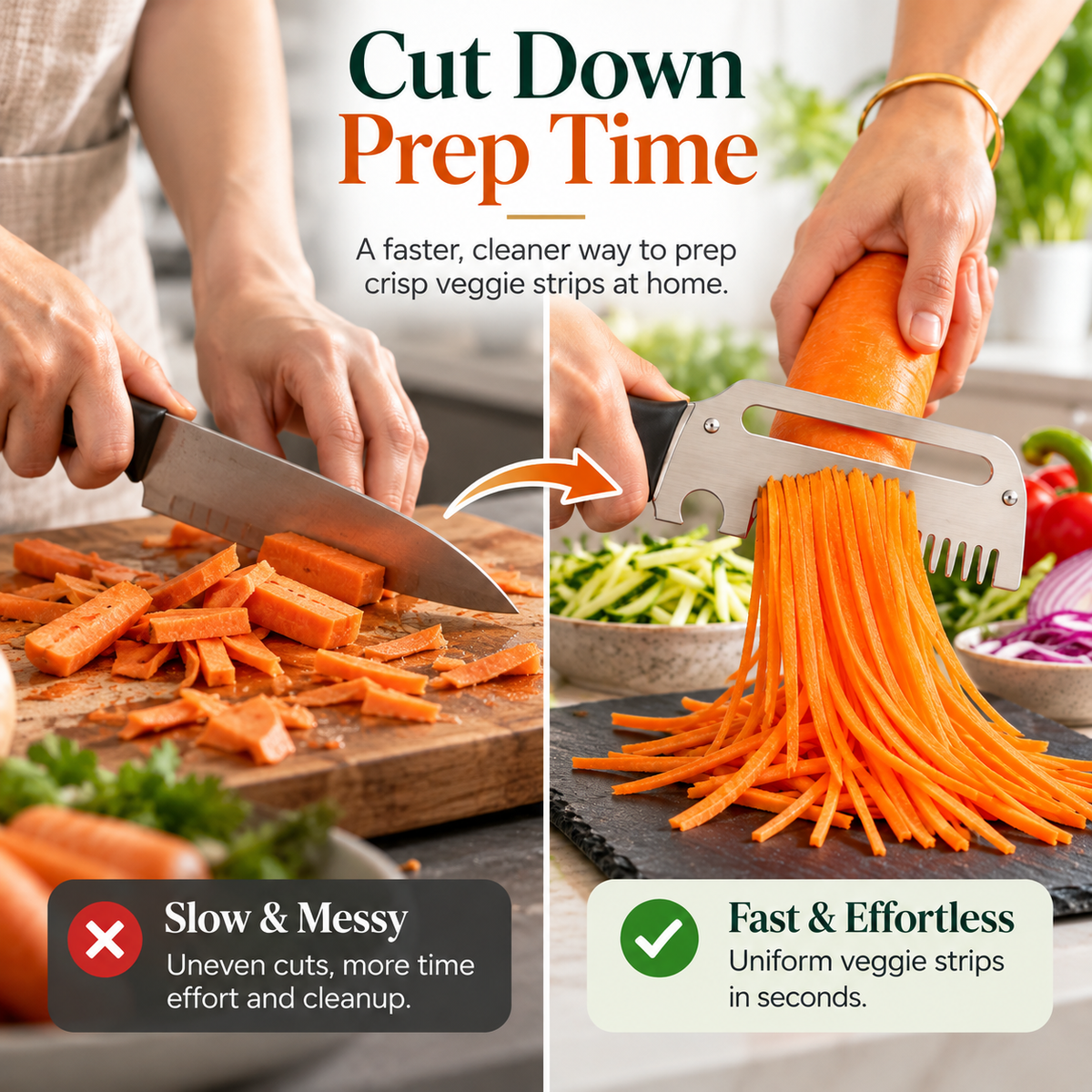 Comparison of traditional knife chopping and using a julienne vegetable peeler to create thin carrot strips