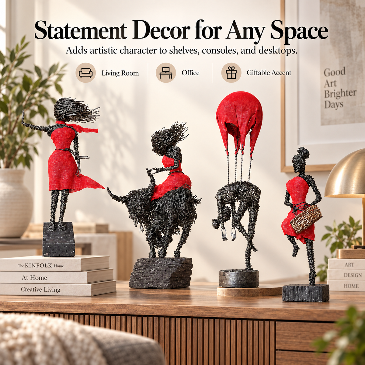 Handmade Wire Art Sculptures – Expressive Red-Accent Figurines for Home & Office