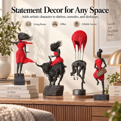 Handmade Wire Art Sculptures – Expressive Red-Accent Figurines for Home & Office