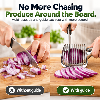 Stainless Steel Onion & Vegetable Slicing Guide – Easy-Grip Food Holder for Even Cuts