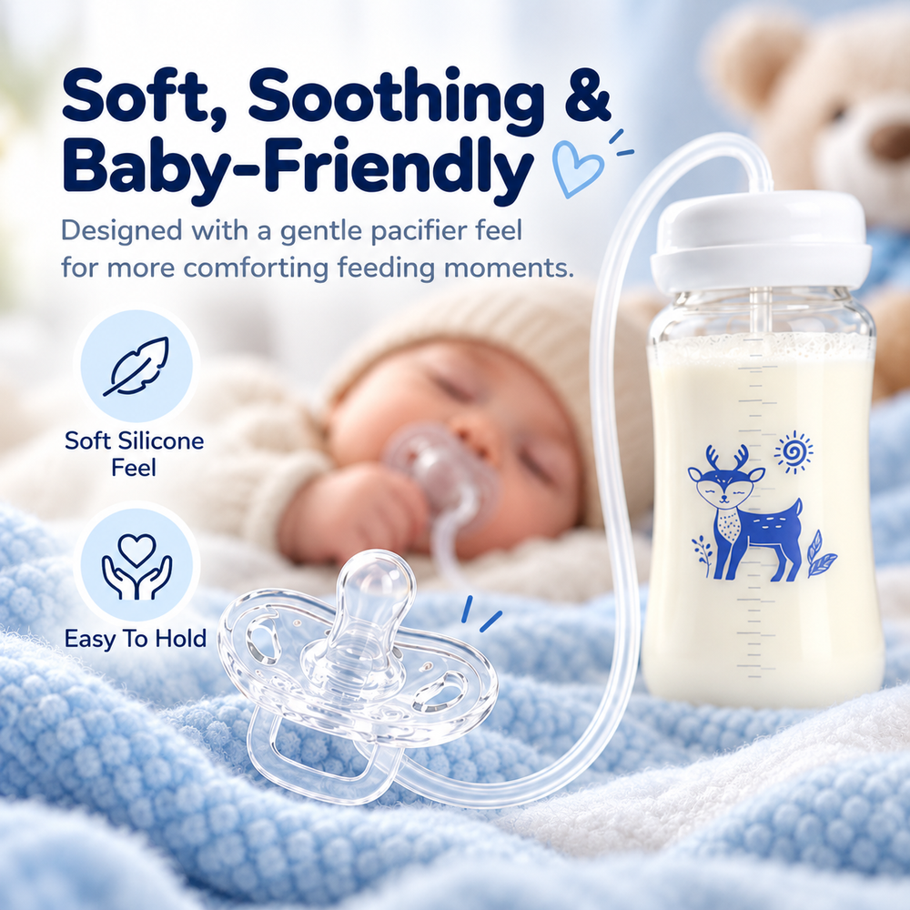 Deer-print clear feeding bottle with connected pacifier and flexible tube, shown in a soft blue nursery setting