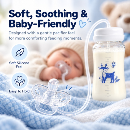 🍼💙✨ Cute Deer Baby Feeding Bottle & Connected Pacifier Set 🦌👶💕 Flexible Tube Design, Clear Milk Bottle, Baby Feeding Essential 🎀🍼 (Blue & Pink) ✨💗
