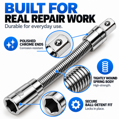 🔧 Flexible Socket Extension Bar Set – 3 Sizes, Bendable Spring Steel, Tight-Space Fastener Access for Automotive Repairs & DIY Projects ⚙️