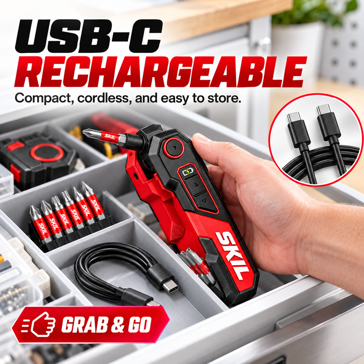 USB-C rechargeable powered folding hex key with charging cable
