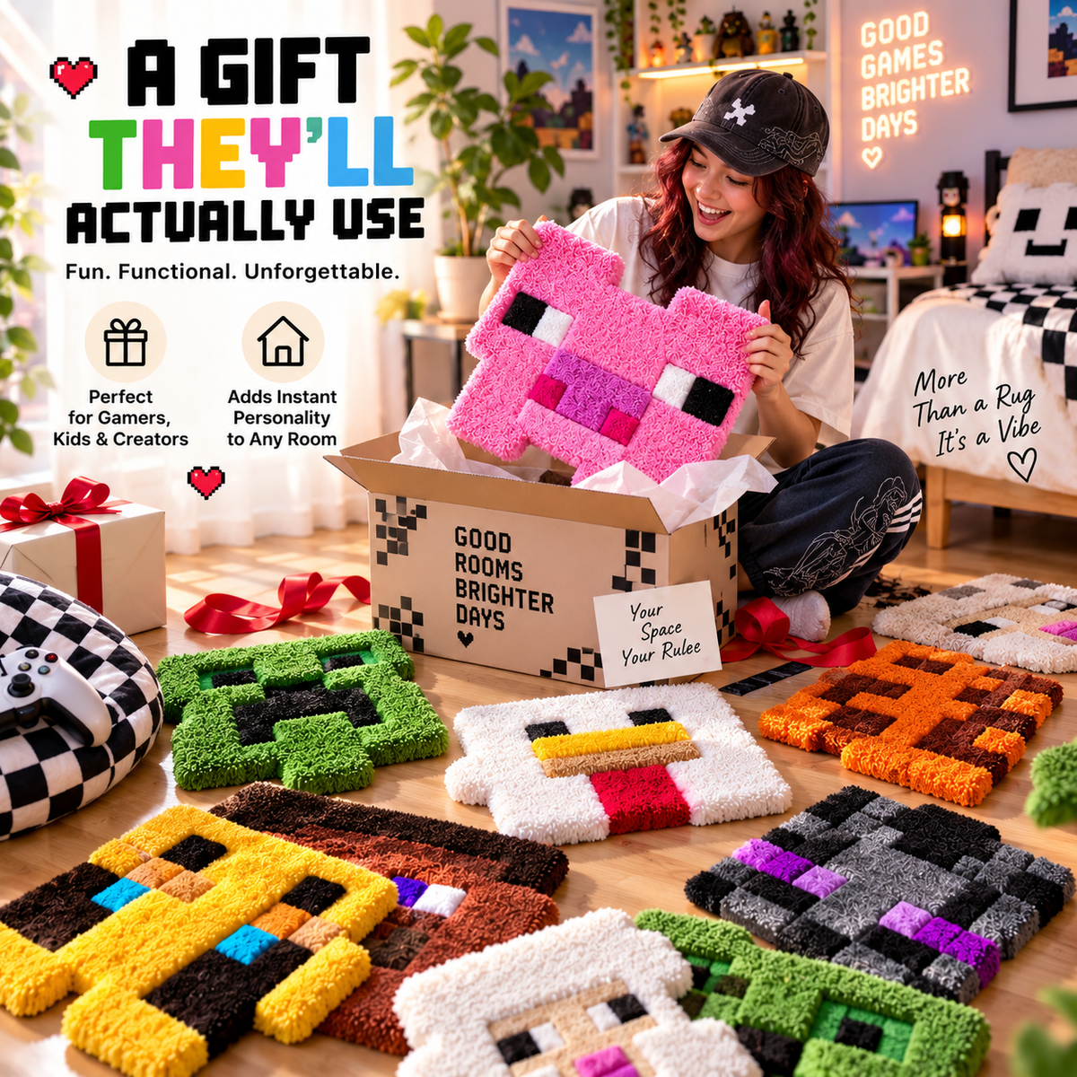 🎮 12-Piece Interlocking Pixel Tufted Rug Set – Build Your Own Gamer Room Floor